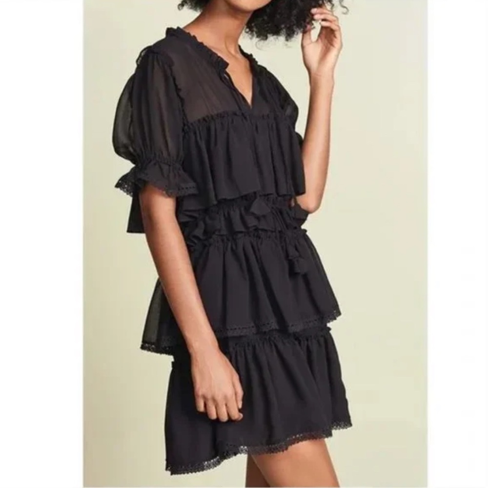 MISA Jazmine black tiered layered ruffle sheer short sleeve tassel neck dress - Picture 5 of 15